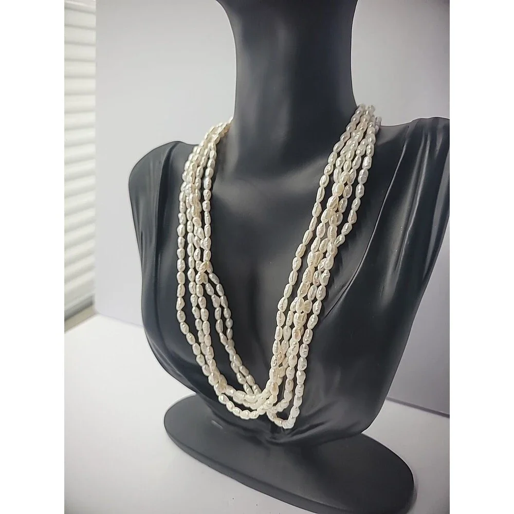 Vintage Necklace Multi Strand Beaded Gold Tone‎ White Bead Slide Clasp Jewelry